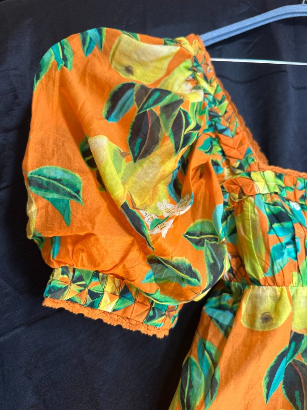 FARM Rio Orange Pear Lemon Fruit Print Smocked Off-Shoulder Puff Sleeve Blouse M - Picture 5 of 9